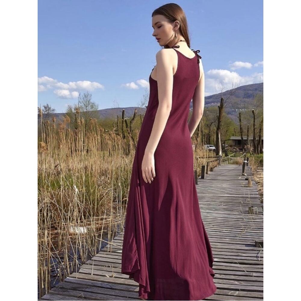 Boho Maxi Dress S/M Organic Viscose Cotton Burgundy Tie Strap Flowy Relaxed Fit - Picture 4 of 9
